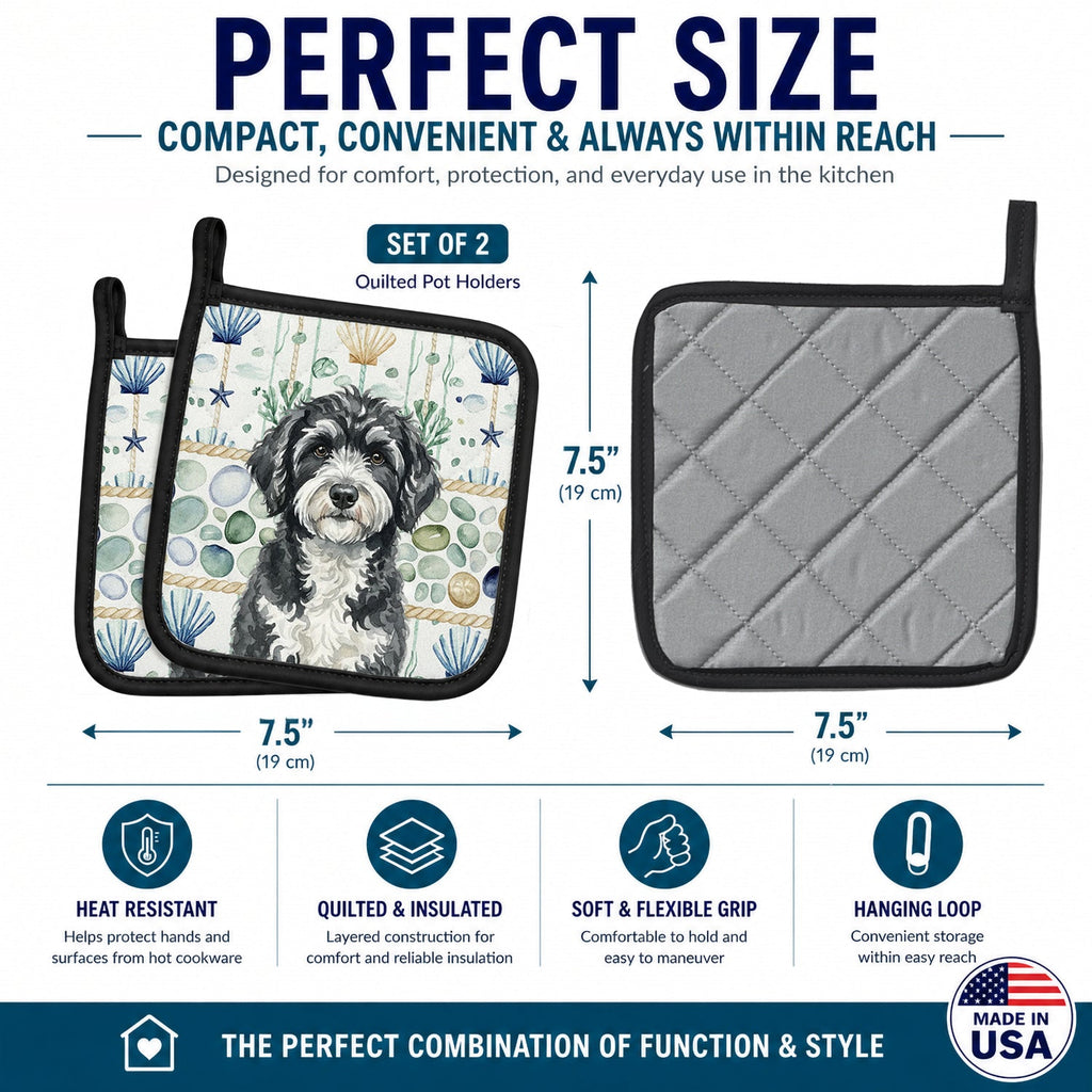 Portuguese Water Dog Coastal Sea Glass Pot Holder Set of 2 Heat Resistant Quilted Hot Pads 7.5 x 7.5 Inch, Insulated Kitchen Trivets for Cooking & Baking
