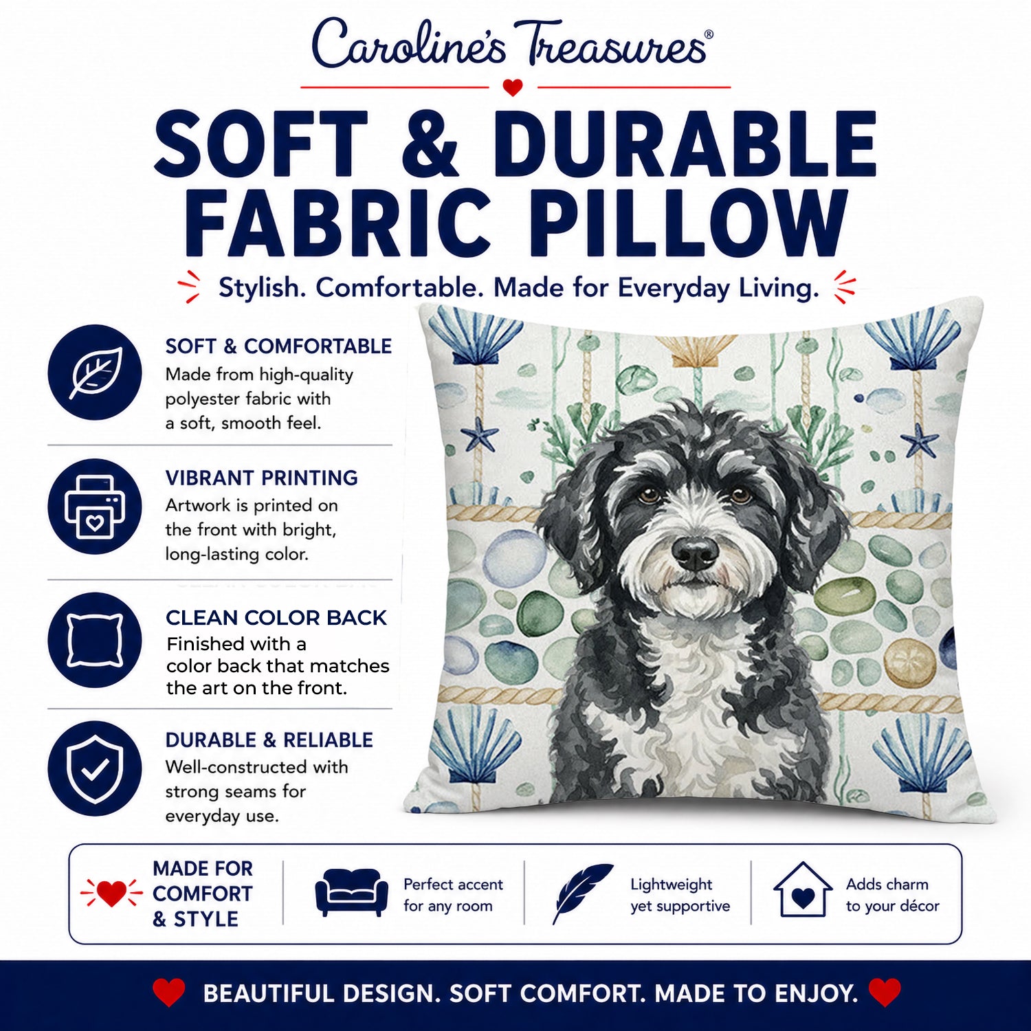 Portuguese Water Dog Coastal Sea Glass Decorative Throw Pillow 18x18 Indoor Outdoor Accent Cushion, Fabric Cover with Insert for Sofa, Bed, Porch & Living Room