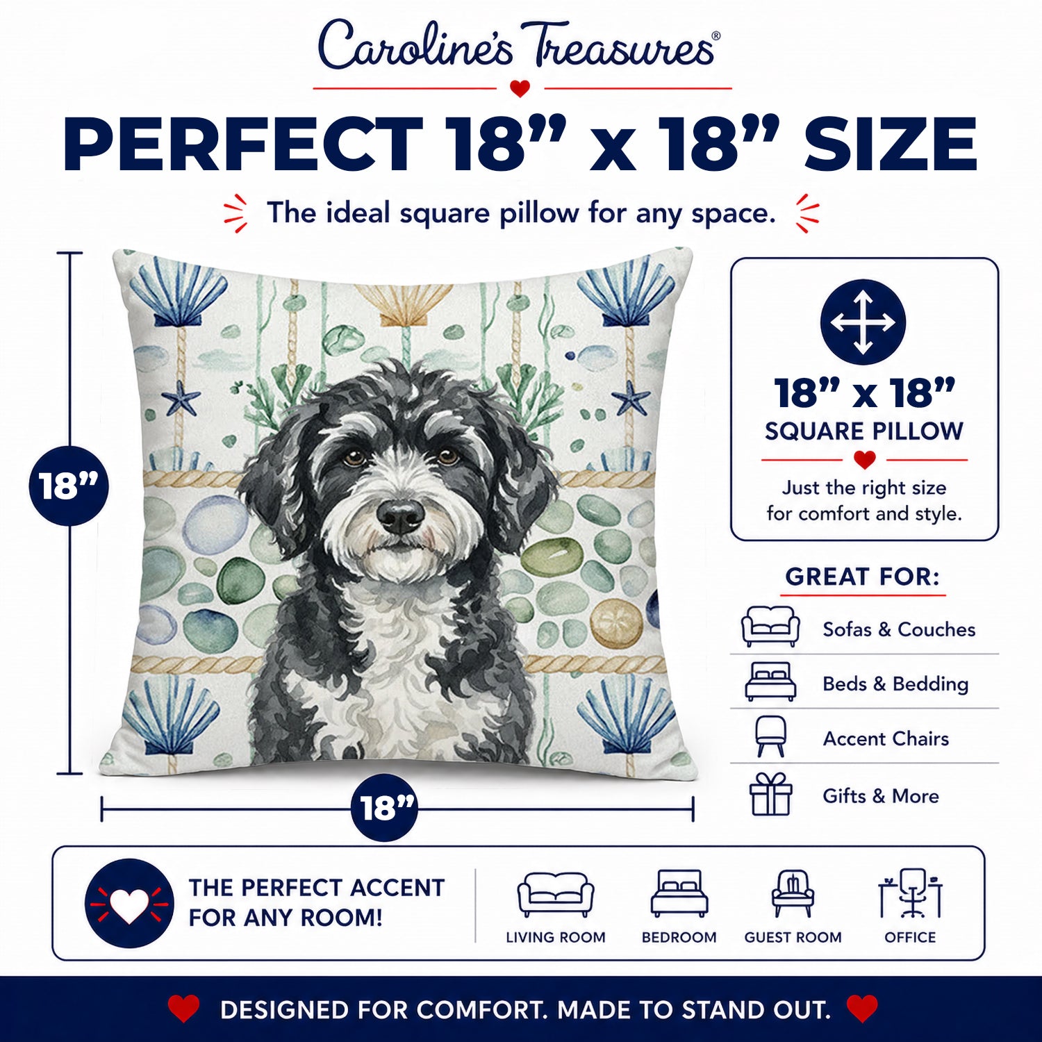 Portuguese Water Dog Coastal Sea Glass Decorative Throw Pillow 18x18 Indoor Outdoor Accent Cushion, Fabric Cover with Insert for Sofa, Bed, Porch & Living Room
