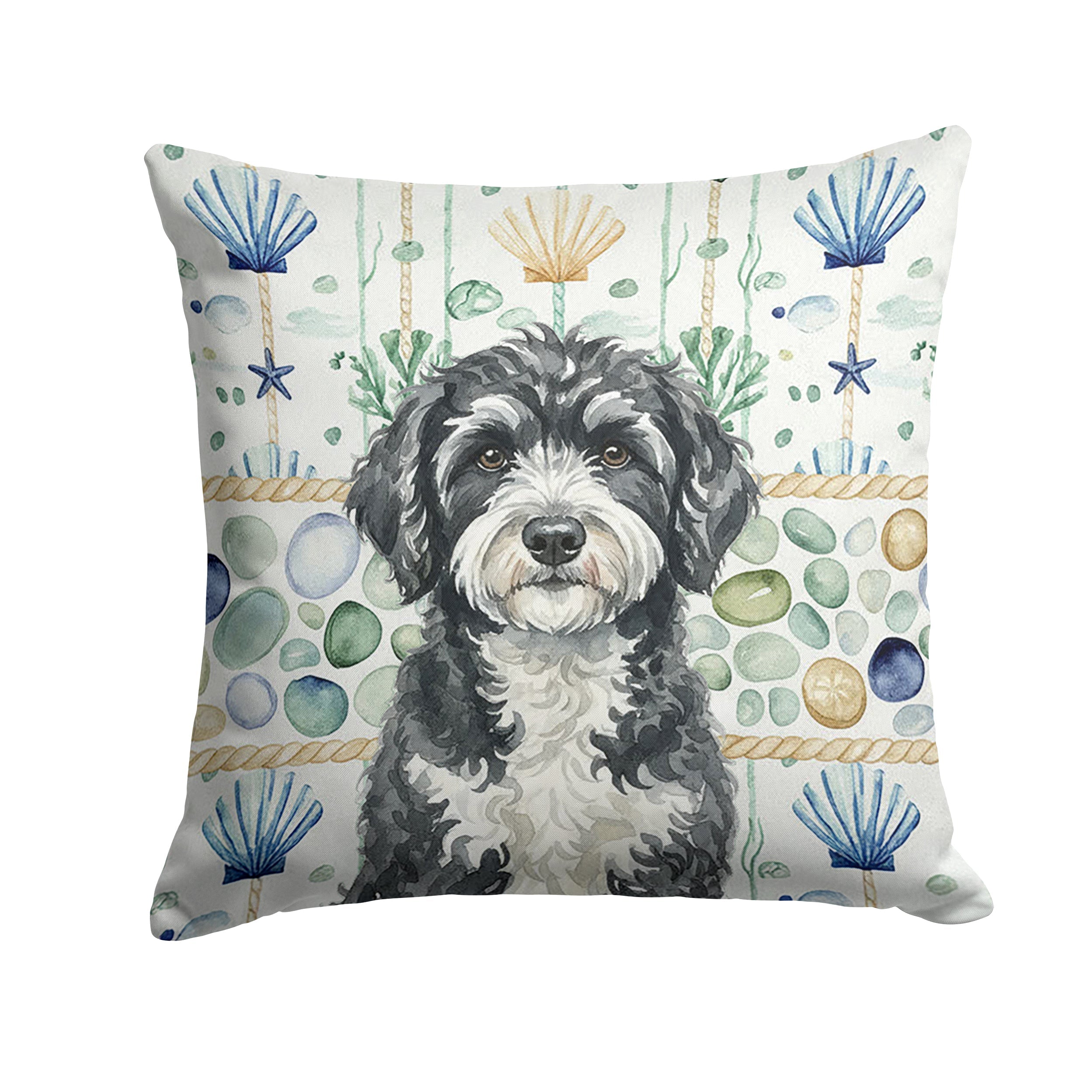 Portuguese Water Dog Coastal Sea Glass Decorative Throw Pillow 18x18 Indoor Outdoor Accent Cushion, Fabric Cover with Insert for Sofa, Bed, Porch & Living Room
