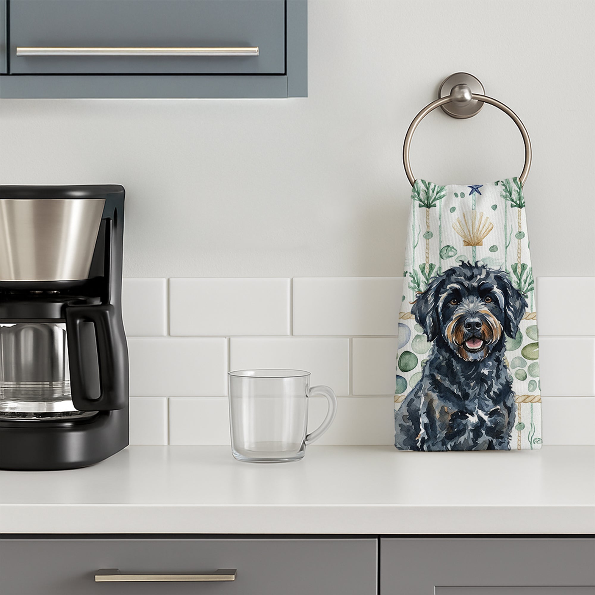Black Portuguese Water Dog Coastal Sea Glass Kitchen Towel Velour Plush Front and Cotton Loop Back Machine Washable