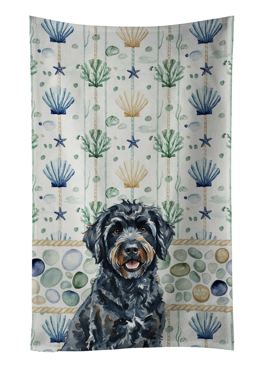 Black Portuguese Water Dog Coastal Sea Glass Kitchen Towel Velour Plush Front and Cotton Loop Back Machine Washable