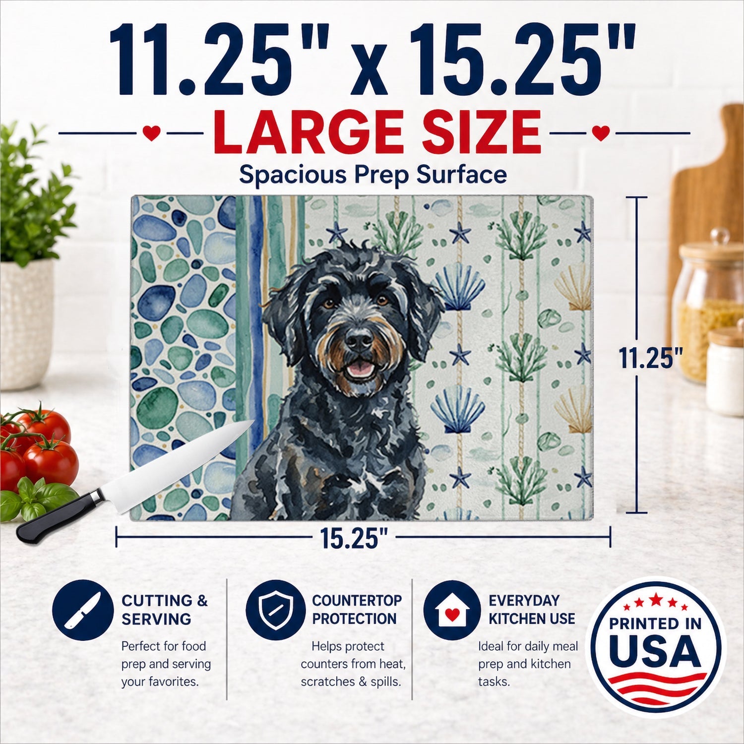 Black Portuguese Water Dog Coastal Sea Glass Cutting Board Tempered Glass Kitchen Cutting Surface, Heat Resistant Chopping, Non-Slip Feet, Food Prep & Serving