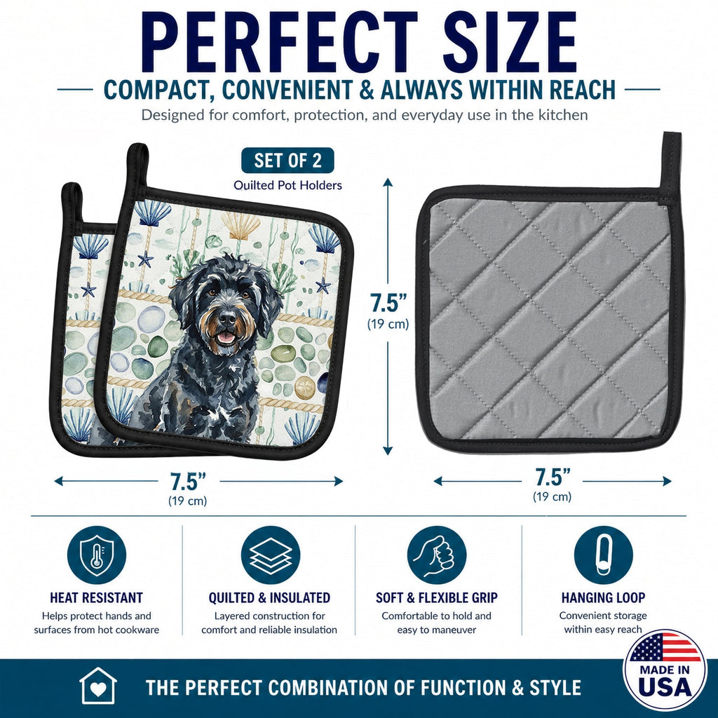 Black Portuguese Water Dog Coastal Sea Glass Pot Holder Set of 2 Heat Resistant Quilted Hot Pads 7.5 x 7.5 Inch, Insulated Kitchen Trivets for Cooking & Baking