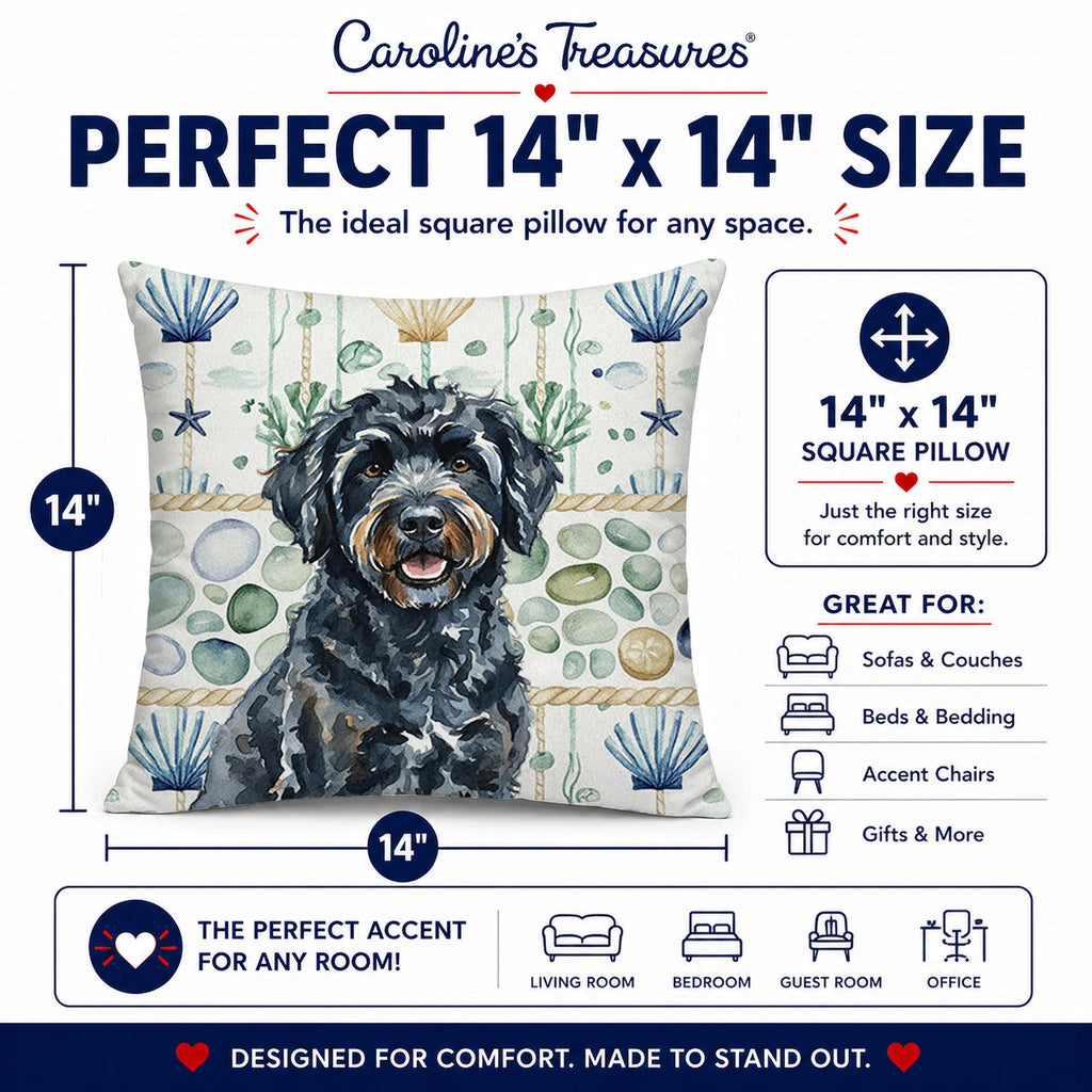Black Portuguese Water Dog Coastal Sea Glass Decorative Throw Pillow 14x14 Indoor Outdoor Accent Cushion, Fabric Cover with Insert for Sofa, Bed, Porch & Living Room