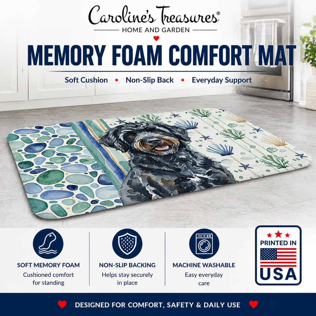 Black Portuguese Water Dog Coastal Sea Glass Memory Foam Kitchen Mat Machine Washable Anti-Fatigue Cushion Comfort Bath or Kitchen Rug