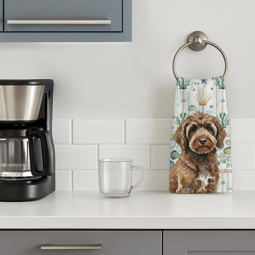 Brown Portuguese Water Dog Coastal Sea Glass Kitchen Towel Velour Plush Front and Cotton Loop Back Machine Washable