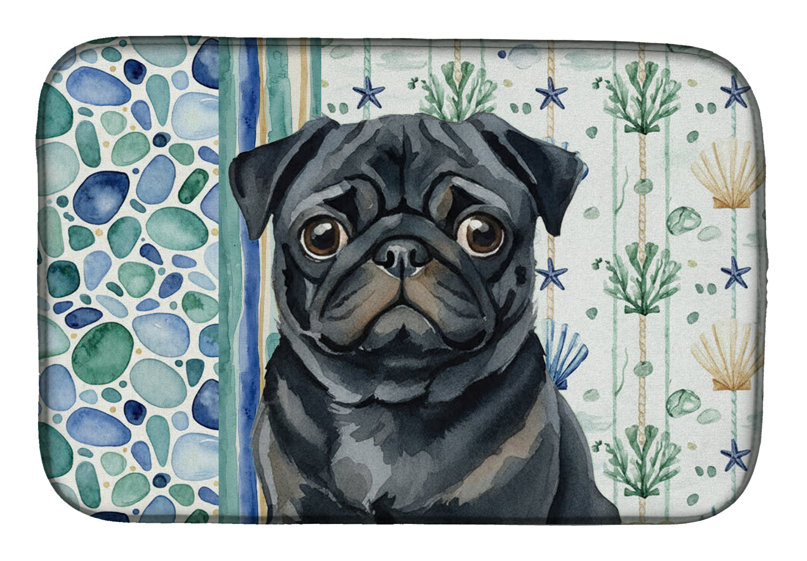 Black Pug Coastal Sea Glass Dish Drying Mat Absorbent Dish Drying Mat Pad for Kitchen Counter Dish Drainer Mat for Countertop, 14 x 21", Multicolor