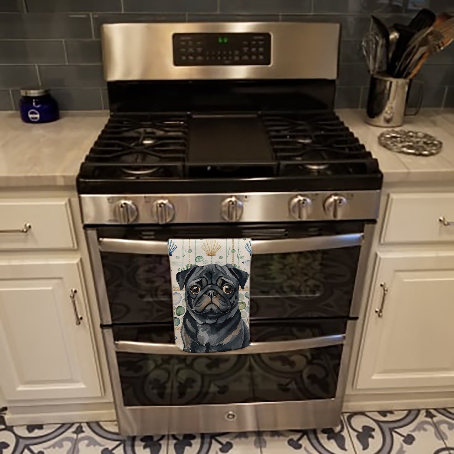 Black Pug Coastal Sea Glass Kitchen Towel Velour Plush Front and Cotton Loop Back Machine Washable