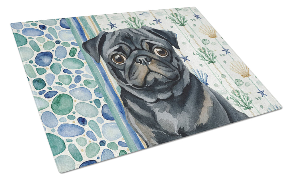 Black Pug Coastal Sea Glass Cutting Board Tempered Glass Kitchen Cutting Surface, Heat Resistant Chopping, Non-Slip Feet, Food Prep & Serving