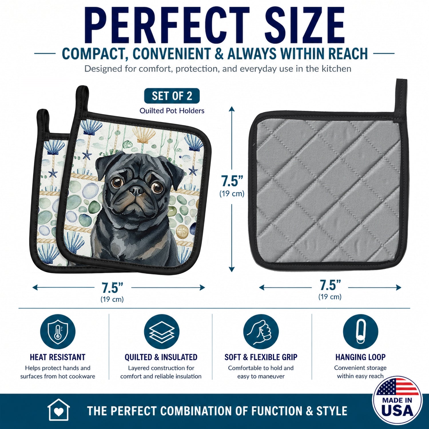 Black Pug Coastal Sea Glass Pot Holder Set of 2 Heat Resistant Quilted Hot Pads 7.5 x 7.5 Inch, Insulated Kitchen Trivets for Cooking & Baking