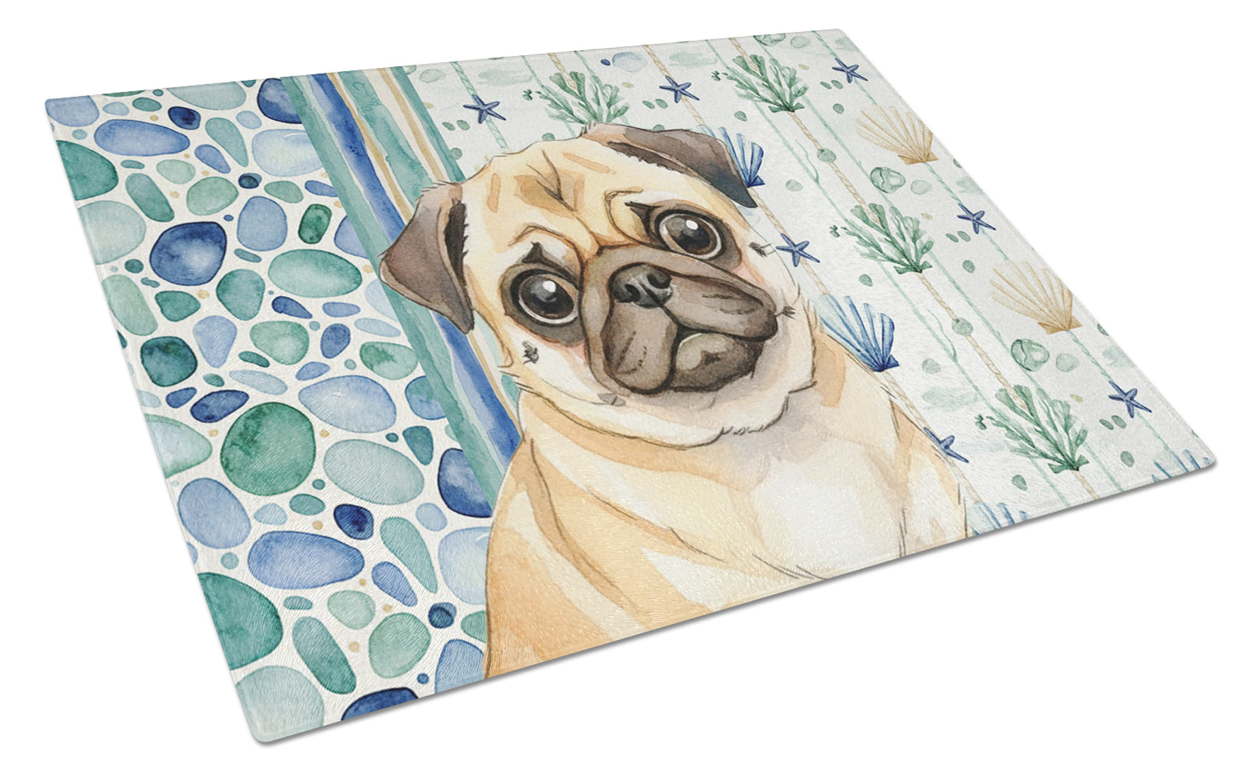Fawn Pug Coastal Sea Glass Cutting Board Tempered Glass Kitchen Cutting Surface, Heat Resistant Chopping, Non-Slip Feet, Food Prep & Serving