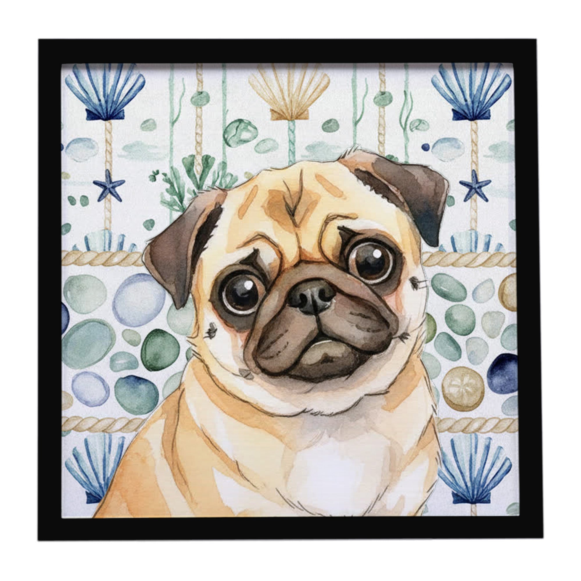 Fawn Pug Coastal Sea Glass Framed Metal Print Bathroom, Kitchen, Office, Home Decor Wall Art Ready to Hang, Square, 8X8
