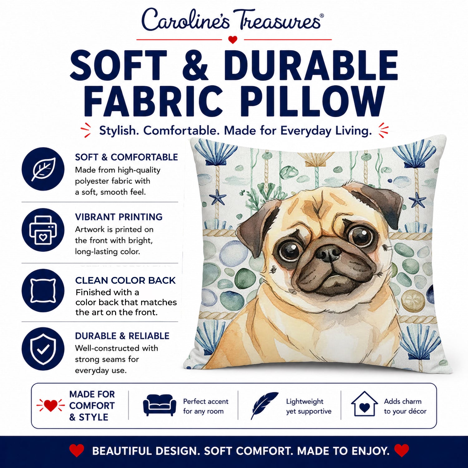 Fawn Pug Coastal Sea Glass Decorative Throw Pillow 14x14 Indoor Outdoor Accent Cushion, Fabric Cover with Insert for Sofa, Bed, Porch & Living Room