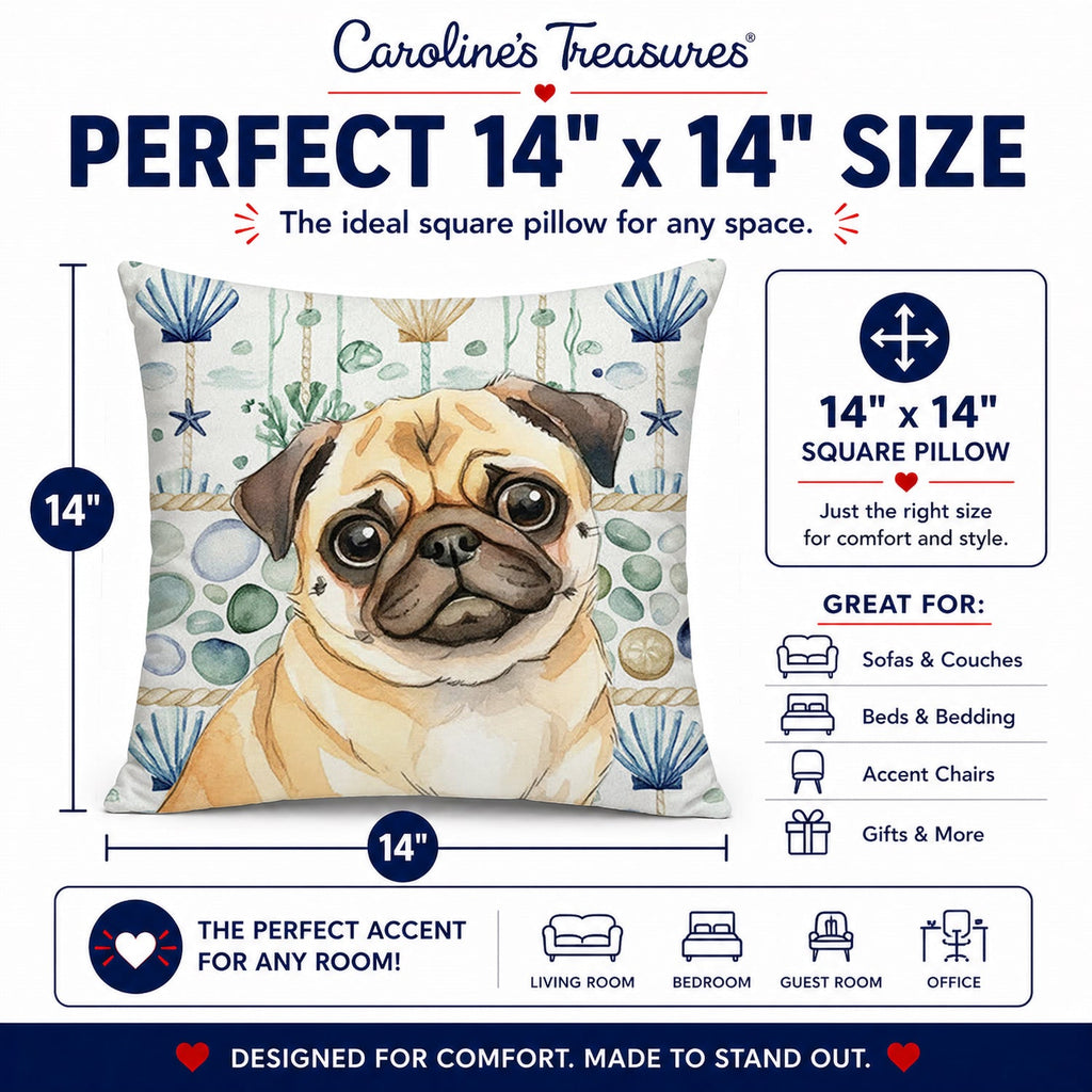 Fawn Pug Coastal Sea Glass Decorative Throw Pillow 14x14 Indoor Outdoor Accent Cushion, Fabric Cover with Insert for Sofa, Bed, Porch & Living Room