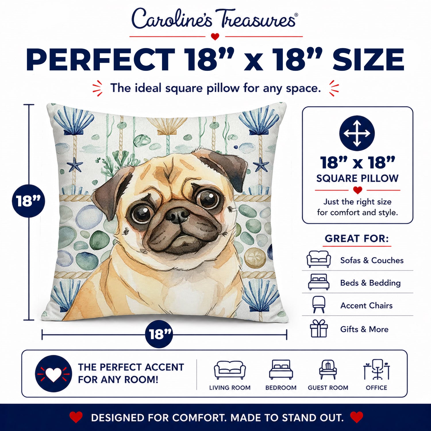 Fawn Pug Coastal Sea Glass Decorative Throw Pillow 18x18 Indoor Outdoor Accent Cushion, Fabric Cover with Insert for Sofa, Bed, Porch & Living Room