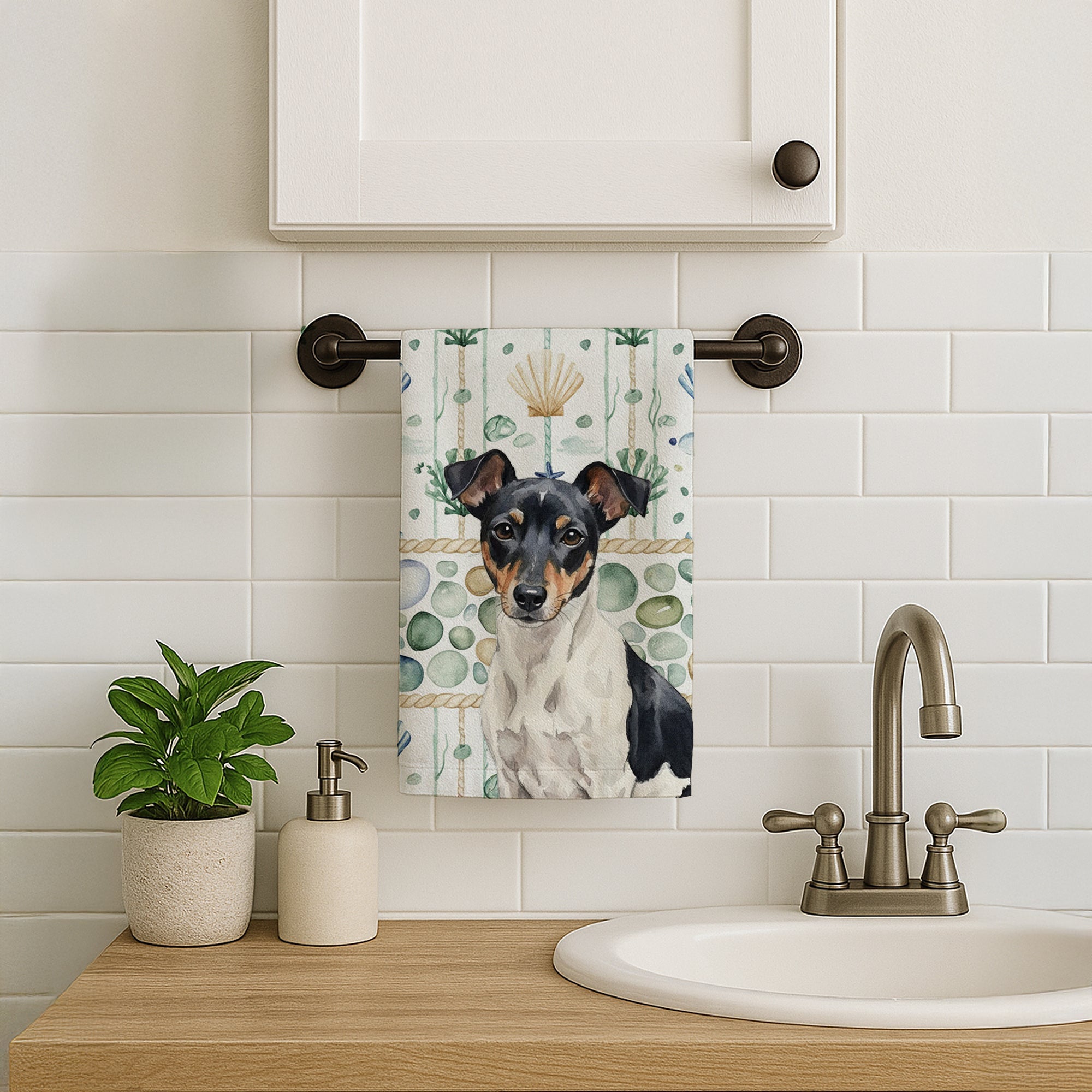 Black and White Rat Terrier Coastal Sea Glass Kitchen Towel Velour Plush Front and Cotton Loop Back Machine Washable