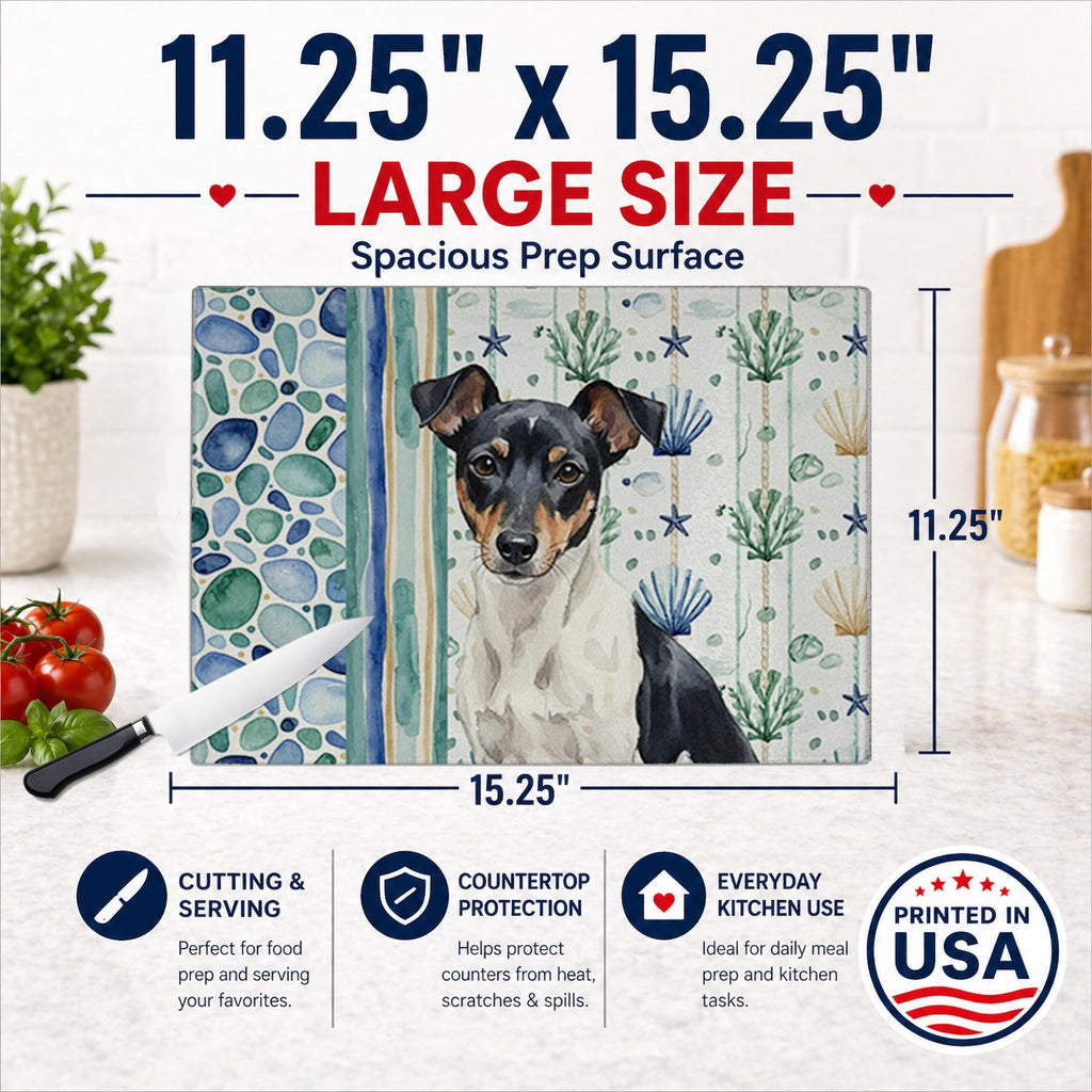 Black and White Rat Terrier Coastal Sea Glass Cutting Board Tempered Glass Kitchen Cutting Surface, Heat Resistant Chopping, Non-Slip Feet, Food Prep & Serving
