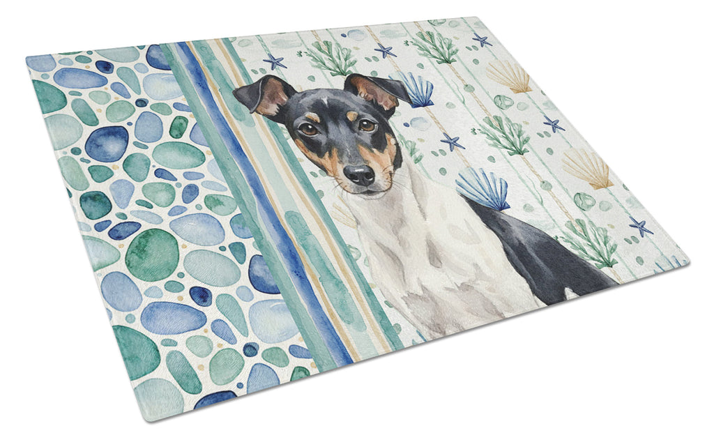 Black and White Rat Terrier Coastal Sea Glass Cutting Board Tempered Glass Kitchen Cutting Surface, Heat Resistant Chopping, Non-Slip Feet, Food Prep & Serving