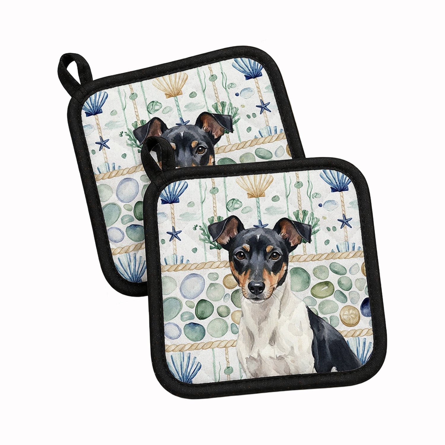 Black and White Rat Terrier Coastal Sea Glass Pot Holder Set of 2 Heat Resistant Quilted Hot Pads 7.5 x 7.5 Inch, Insulated Kitchen Trivets for Cooking & Baking