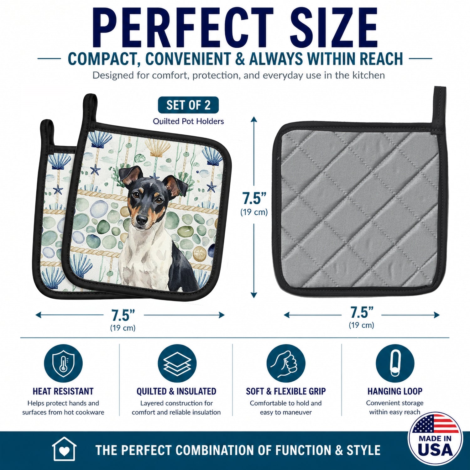 Black and White Rat Terrier Coastal Sea Glass Pot Holder Set of 2 Heat Resistant Quilted Hot Pads 7.5 x 7.5 Inch, Insulated Kitchen Trivets for Cooking & Baking