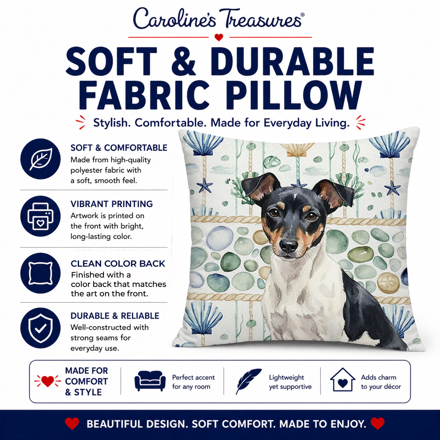 Black and White Rat Terrier Coastal Sea Glass Decorative Throw Pillow 14x14 Indoor Outdoor Accent Cushion, Fabric Cover with Insert for Sofa, Bed, Porch & Living Room