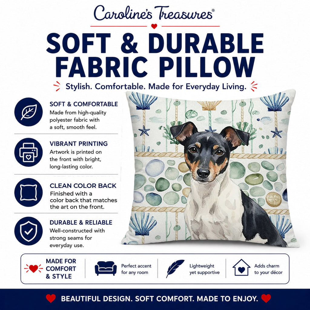 Black and White Rat Terrier Coastal Sea Glass Decorative Throw Pillow 18x18 Indoor Outdoor Accent Cushion, Fabric Cover with Insert for Sofa, Bed, Porch & Living Room