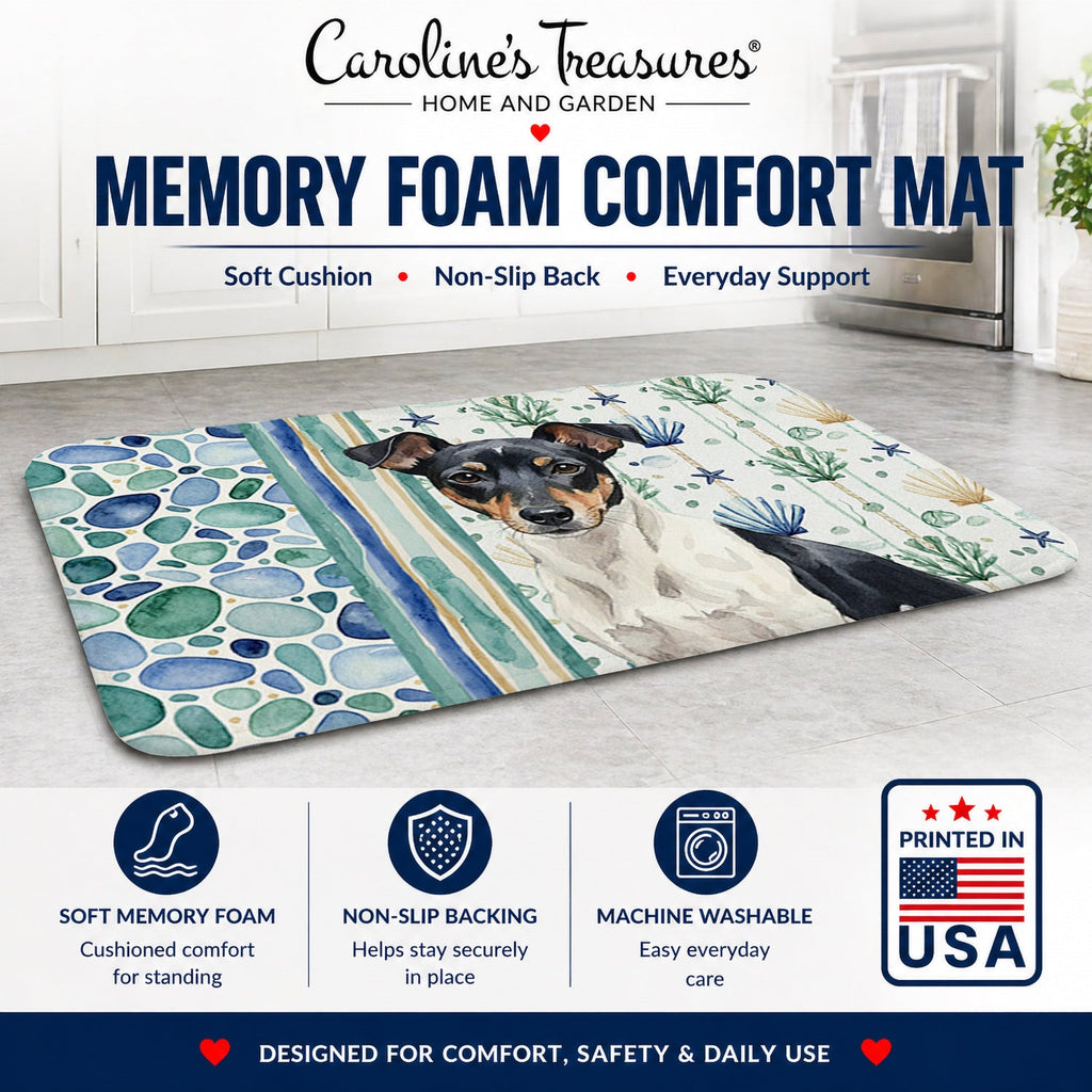 Black and White Rat Terrier Coastal Sea Glass Memory Foam Kitchen Mat Machine Washable Anti-Fatigue Cushion Comfort Bath or Kitchen Rug