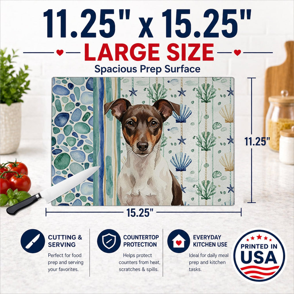 Chocolate and White Rat Terrier Coastal Sea Glass Cutting Board Tempered Glass Kitchen Cutting Surface, Heat Resistant Chopping, Non-Slip Feet, Food Prep & Serving