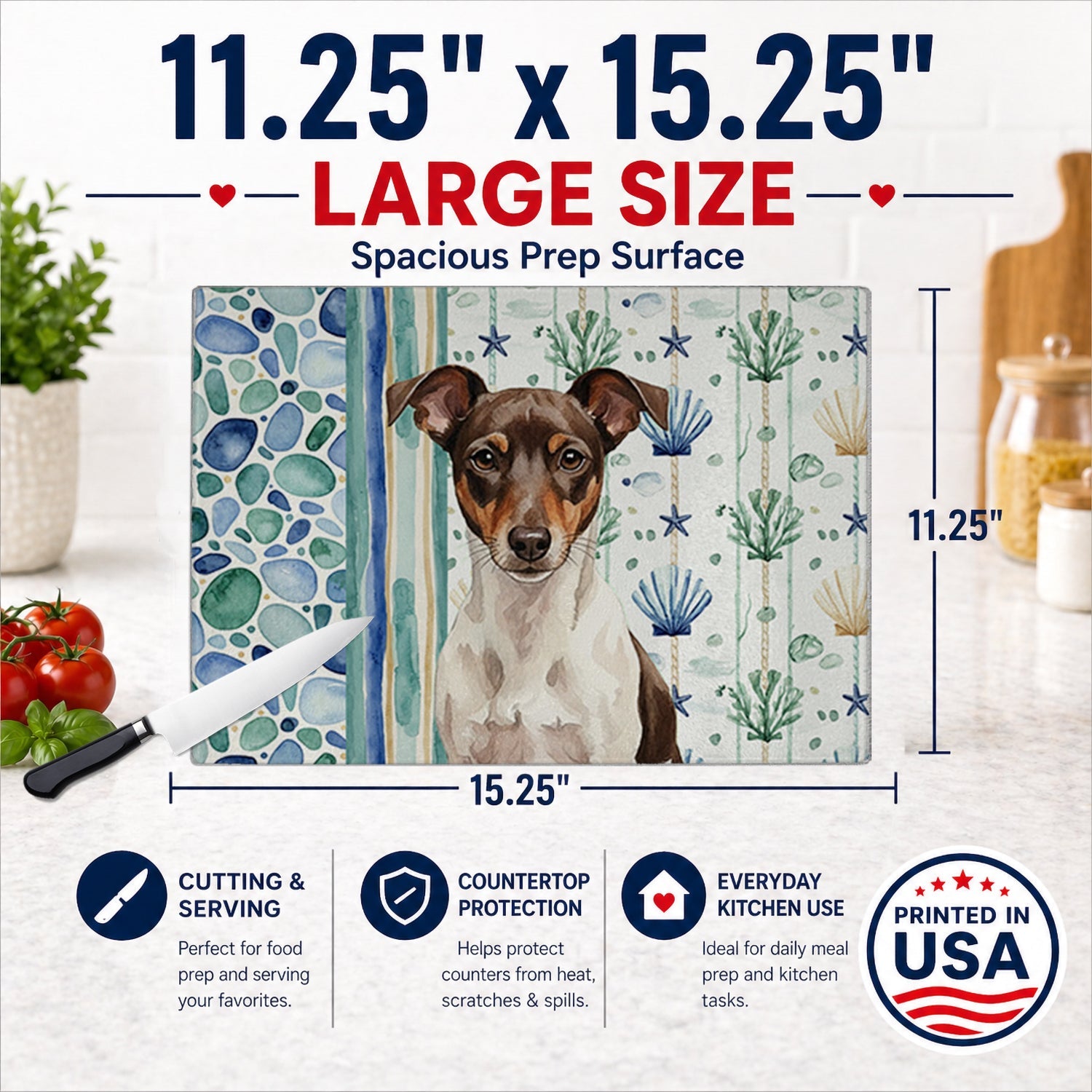Chocolate and White Rat Terrier Coastal Sea Glass Cutting Board Tempered Glass Kitchen Cutting Surface, Heat Resistant Chopping, Non-Slip Feet, Food Prep & Serving