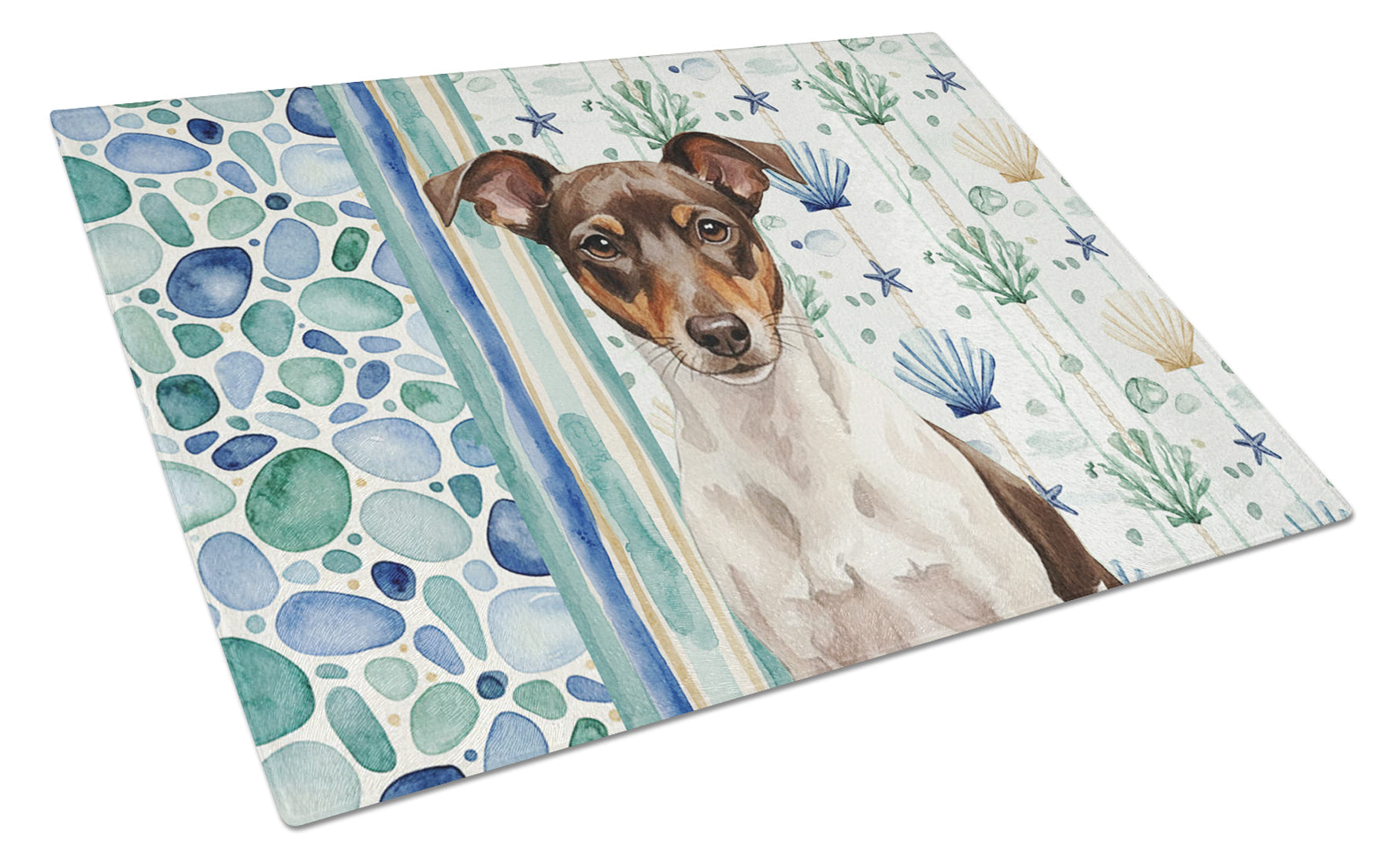 Chocolate and White Rat Terrier Coastal Sea Glass Cutting Board Tempered Glass Kitchen Cutting Surface, Heat Resistant Chopping, Non-Slip Feet, Food Prep & Serving