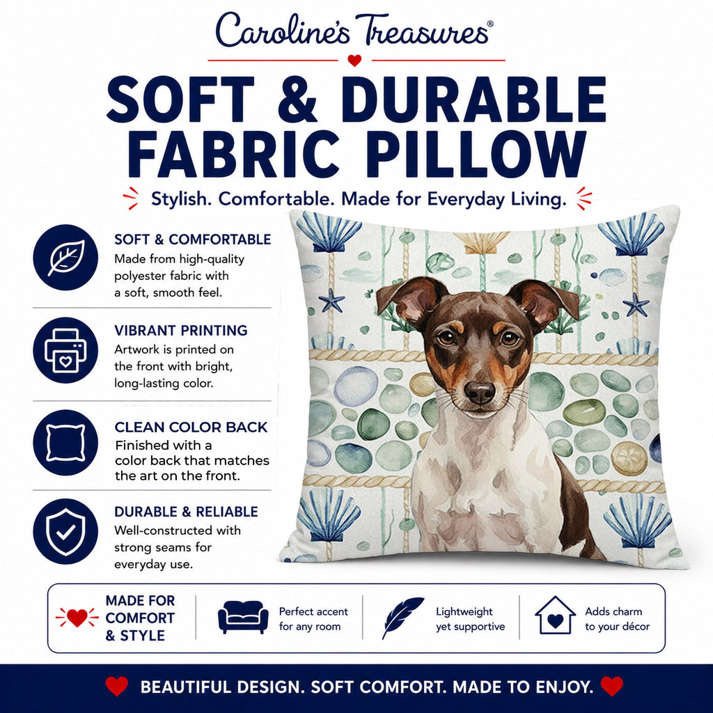 Chocolate and White Rat Terrier Coastal Sea Glass Decorative Throw Pillow 18x18 Indoor Outdoor Accent Cushion, Fabric Cover with Insert for Sofa, Bed, Porch & Living Room