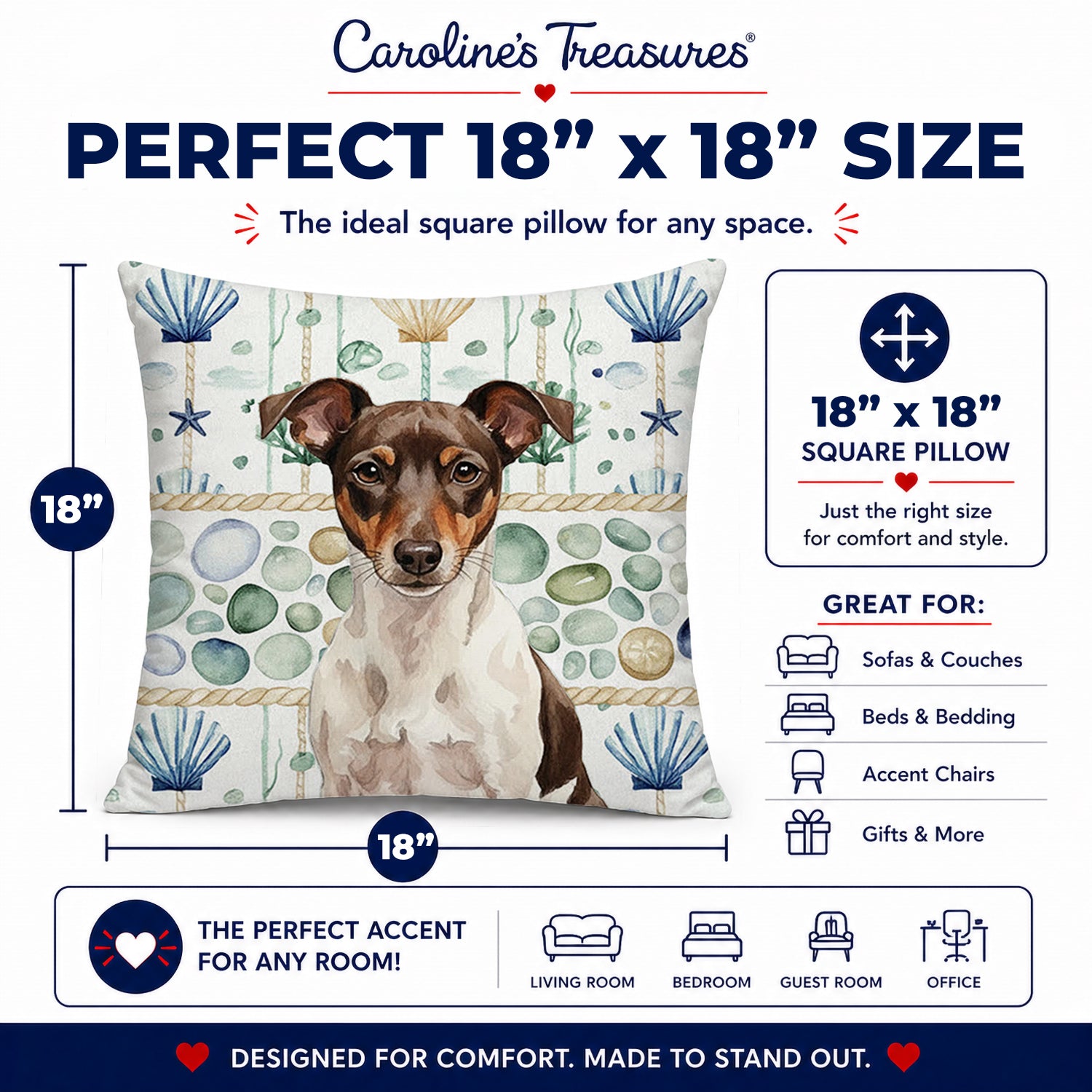 Chocolate and White Rat Terrier Coastal Sea Glass Decorative Throw Pillow 18x18 Indoor Outdoor Accent Cushion, Fabric Cover with Insert for Sofa, Bed, Porch & Living Room