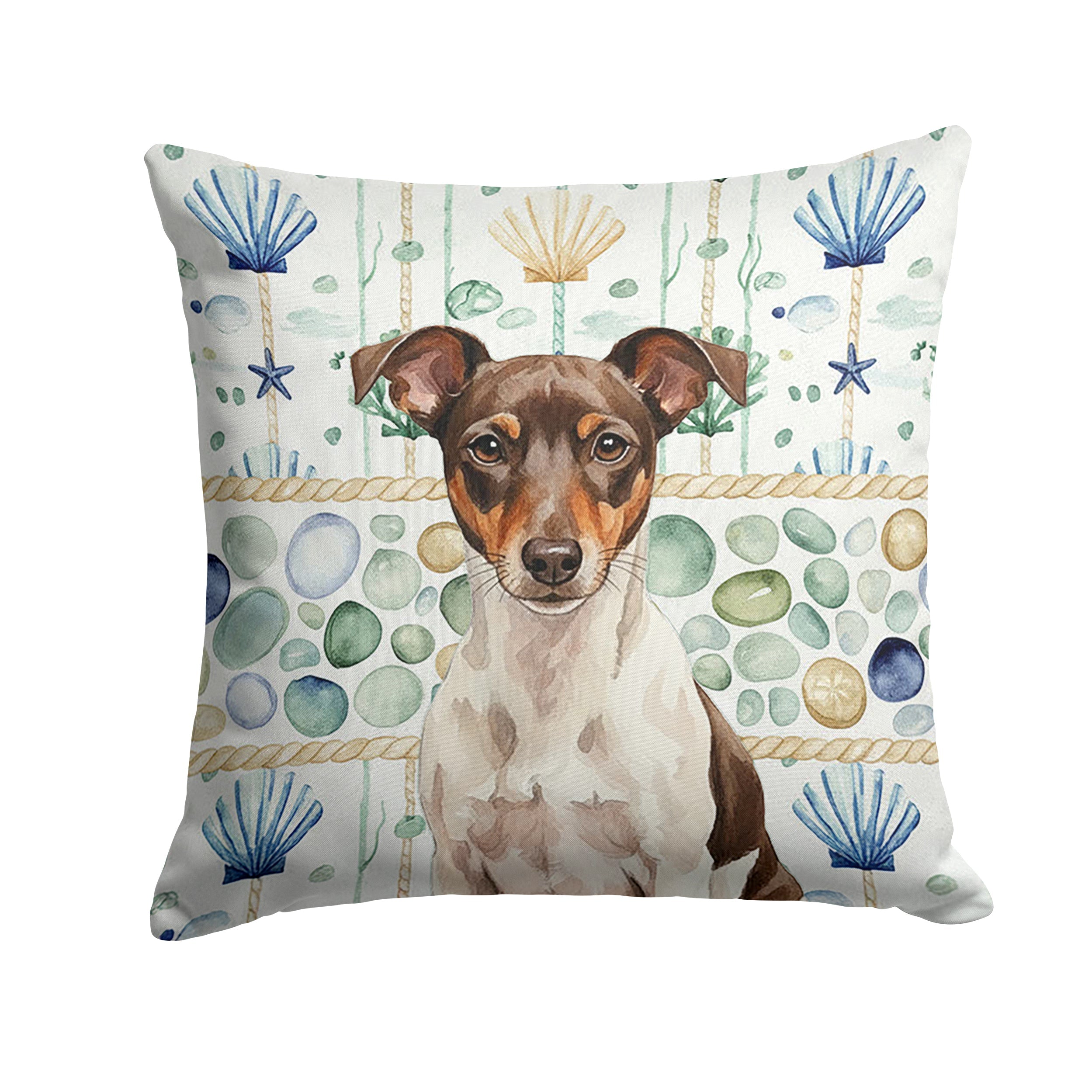 Chocolate and White Rat Terrier Coastal Sea Glass Decorative Throw Pillow 18x18 Indoor Outdoor Accent Cushion, Fabric Cover with Insert for Sofa, Bed, Porch & Living Room