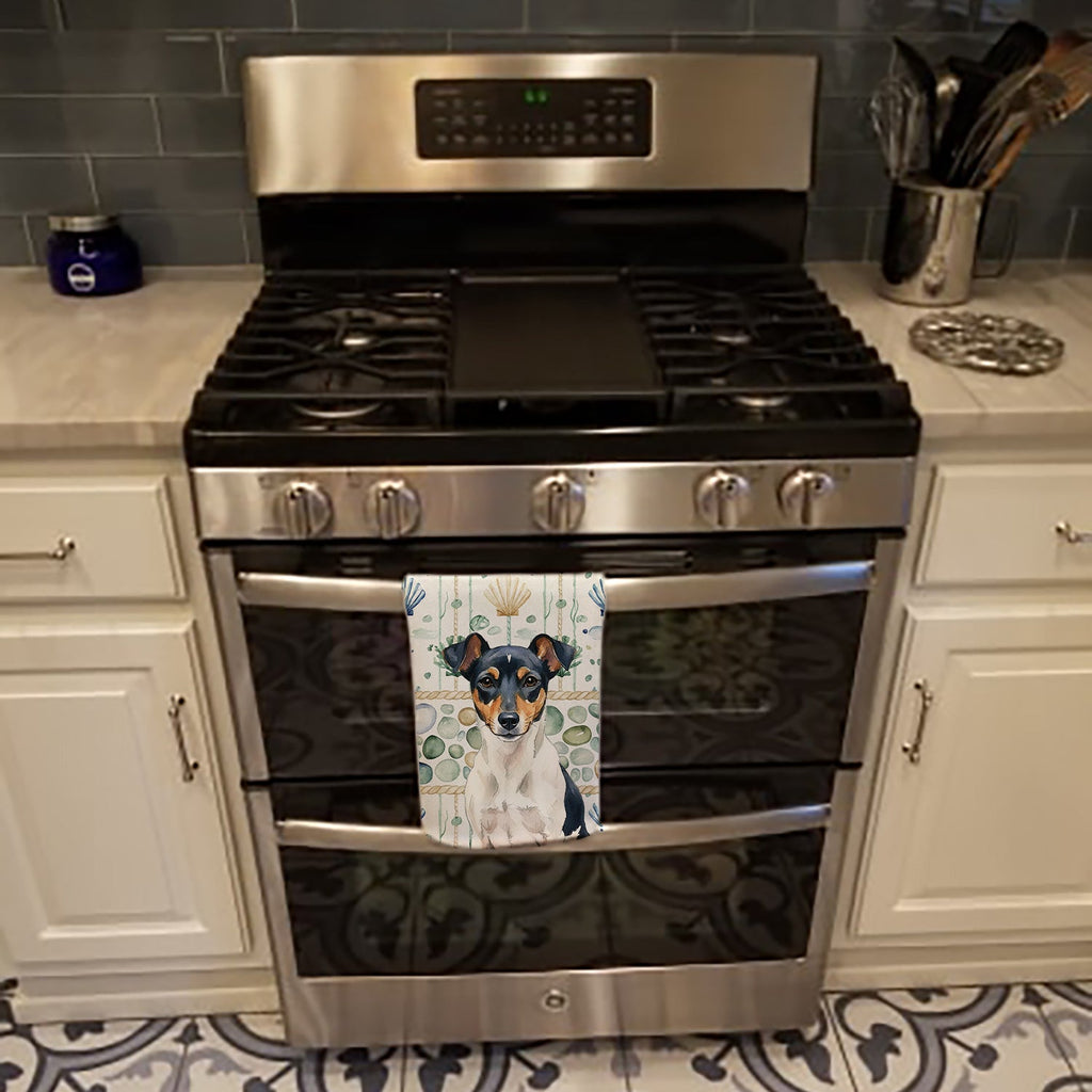 Tricolor Rat Terrier Coastal Sea Glass Kitchen Towel Velour Plush Front and Cotton Loop Back Machine Washable