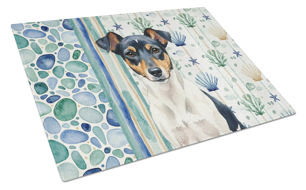 Tricolor Rat Terrier Coastal Sea Glass Cutting Board Tempered Glass Kitchen Cutting Surface, Heat Resistant Chopping, Non-Slip Feet, Food Prep & Serving