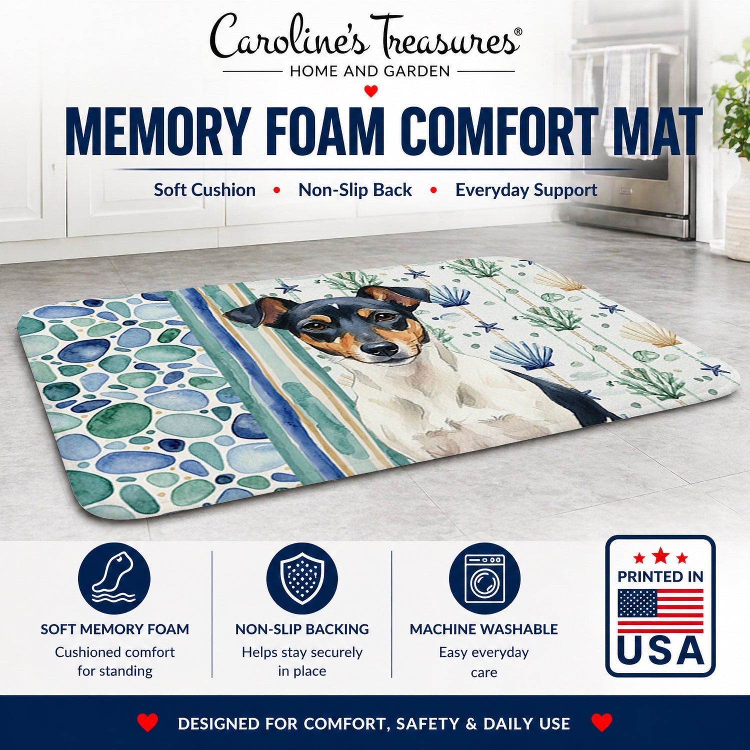 Tricolor Rat Terrier Coastal Sea Glass Memory Foam Kitchen Mat Machine Washable Anti-Fatigue Cushion Comfort Bath or Kitchen Rug