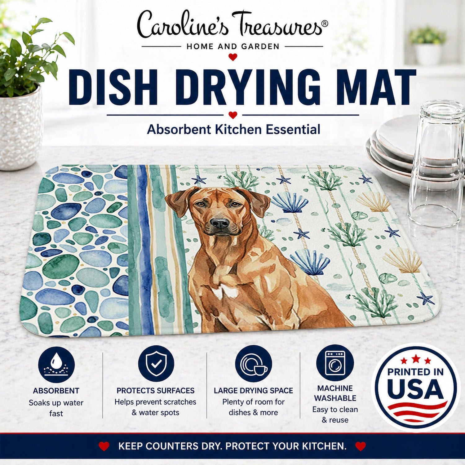 Rhodesian Ridgeback Coastal Sea Glass Dish Drying Mat Absorbent Dish Drying Mat Pad for Kitchen Counter Dish Drainer Mat for Countertop, 14 x 21", Multicolor