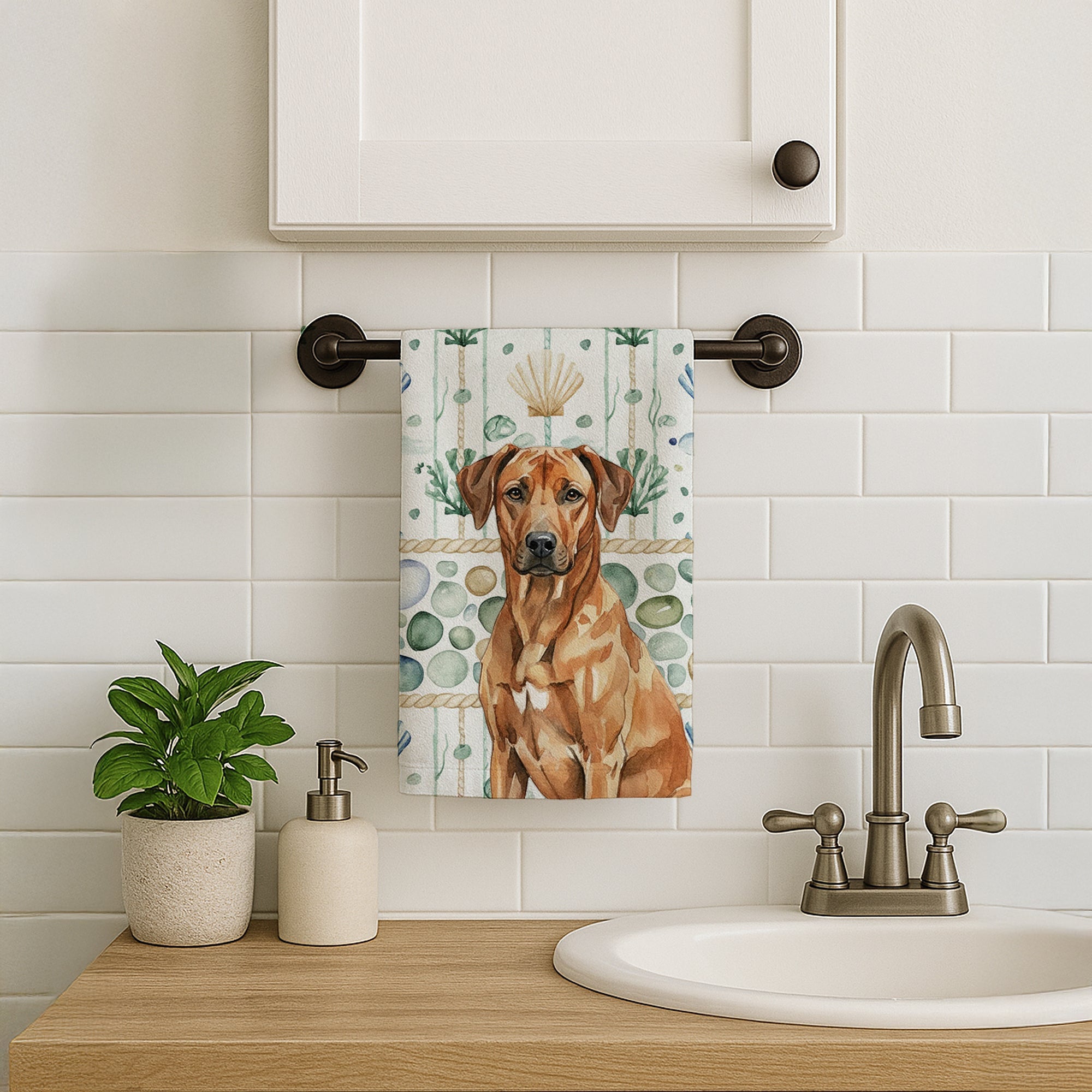 Rhodesian Ridgeback Coastal Sea Glass Kitchen Towel Velour Plush Front and Cotton Loop Back Machine Washable