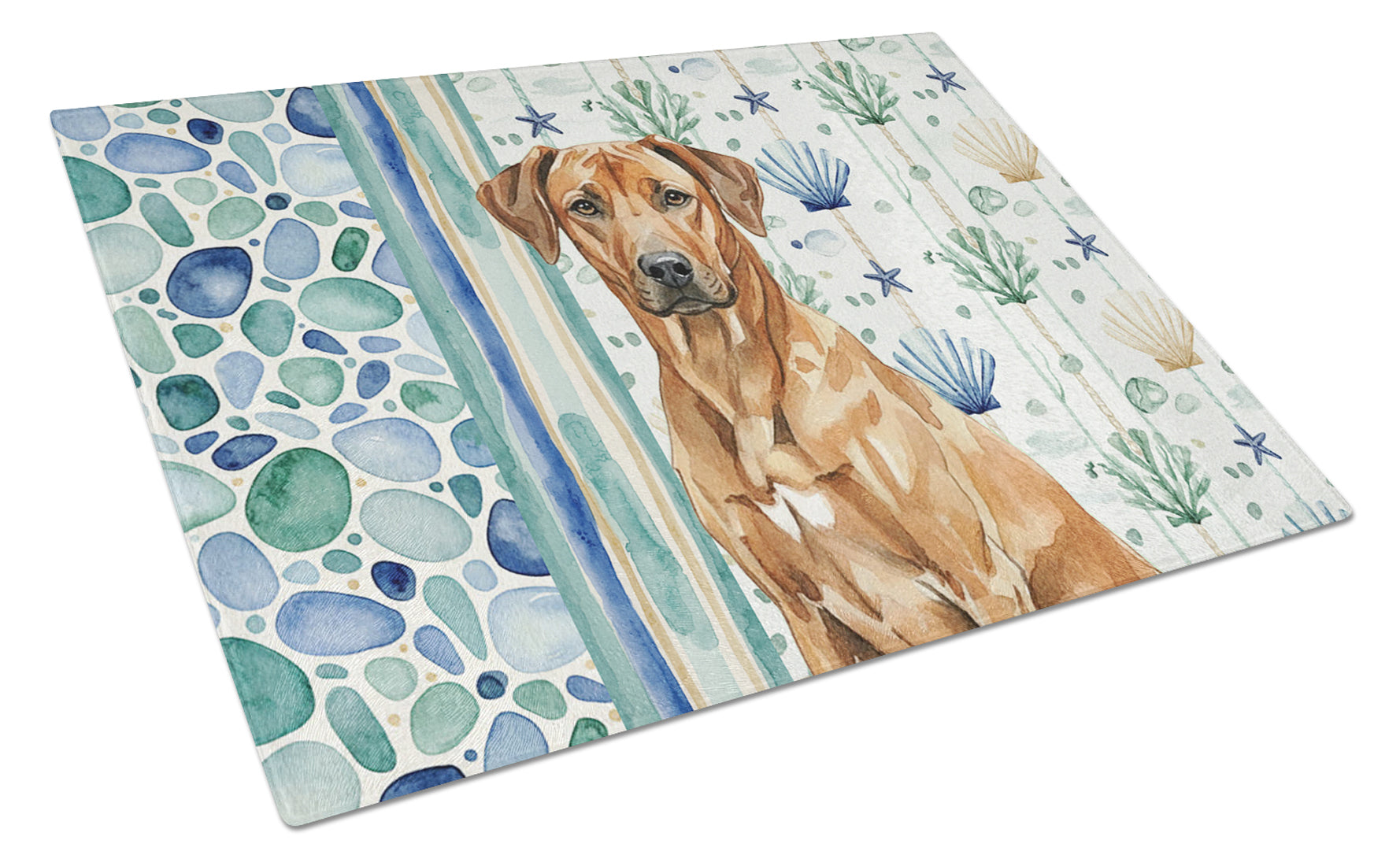 Rhodesian Ridgeback Coastal Sea Glass Cutting Board Tempered Glass Kitchen Cutting Surface, Heat Resistant Chopping, Non-Slip Feet, Food Prep & Serving