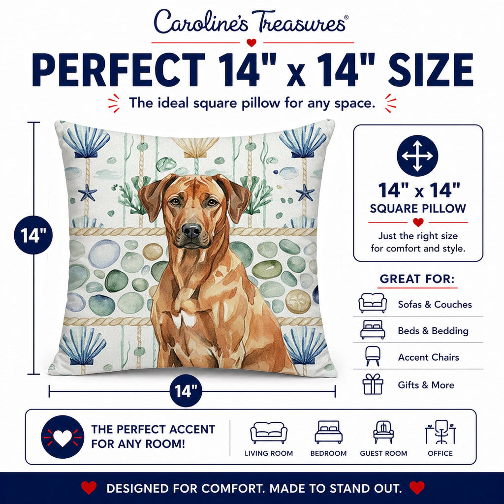 Rhodesian Ridgeback Coastal Sea Glass Decorative Throw Pillow 14x14 Indoor Outdoor Accent Cushion, Fabric Cover with Insert for Sofa, Bed, Porch & Living Room