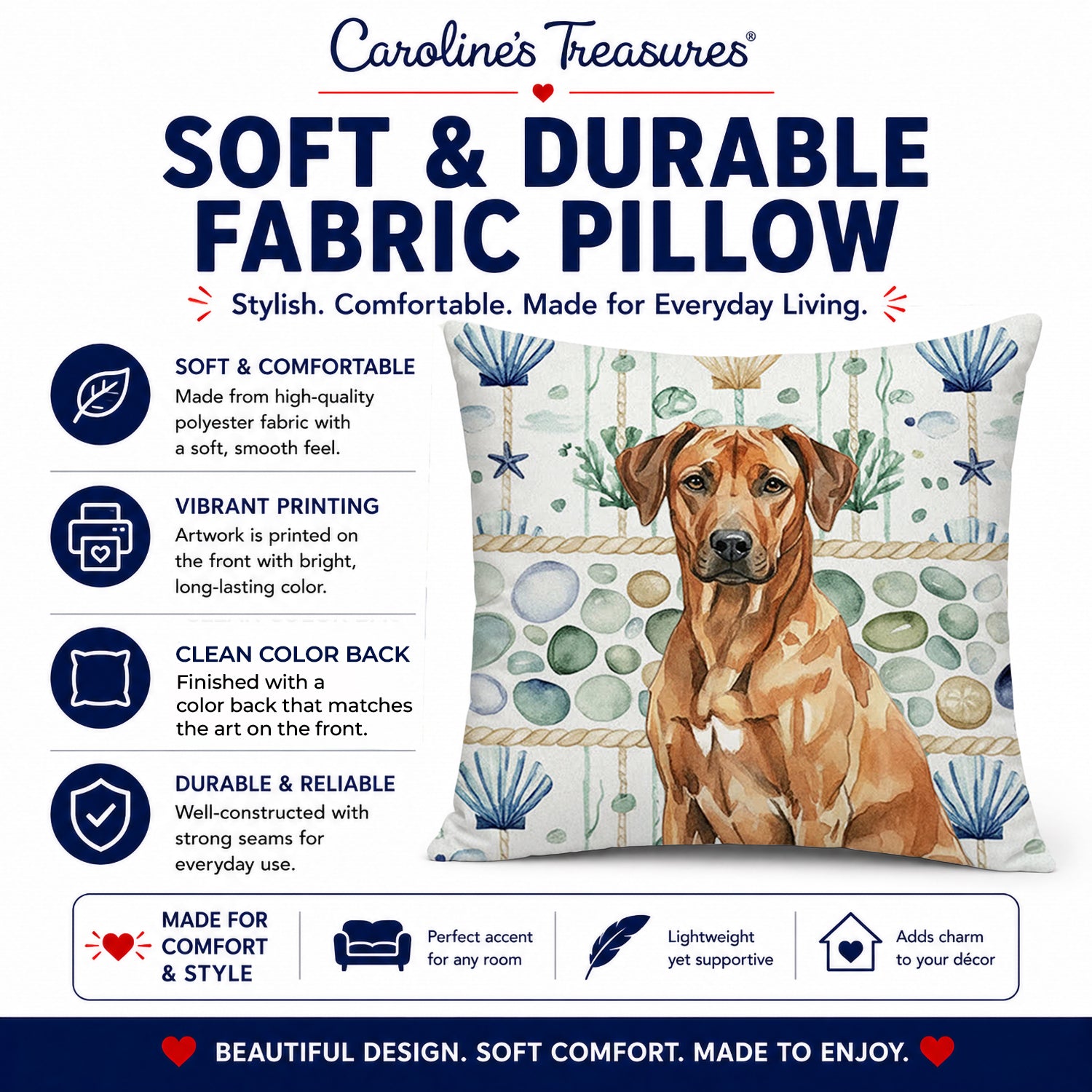 Rhodesian Ridgeback Coastal Sea Glass Decorative Throw Pillow 18x18 Indoor Outdoor Accent Cushion, Fabric Cover with Insert for Sofa, Bed, Porch & Living Room