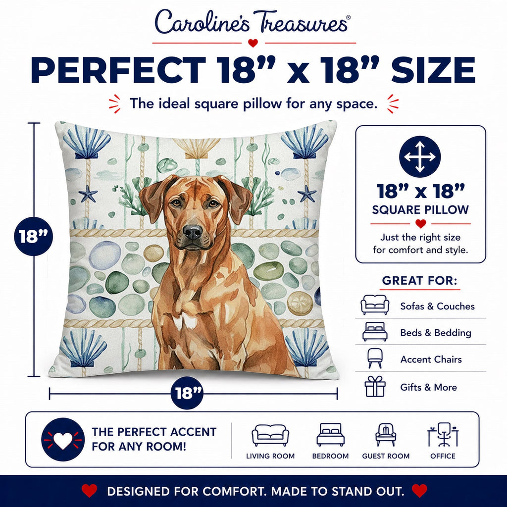 Rhodesian Ridgeback Coastal Sea Glass Decorative Throw Pillow 18x18 Indoor Outdoor Accent Cushion, Fabric Cover with Insert for Sofa, Bed, Porch & Living Room