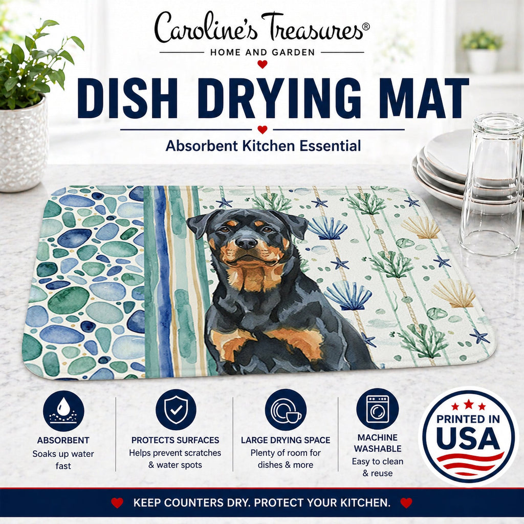 Rottweiler Coastal Sea Glass Dish Drying Mat Absorbent Dish Drying Mat Pad for Kitchen Counter Dish Drainer Mat for Countertop, 14 x 21", Multicolor