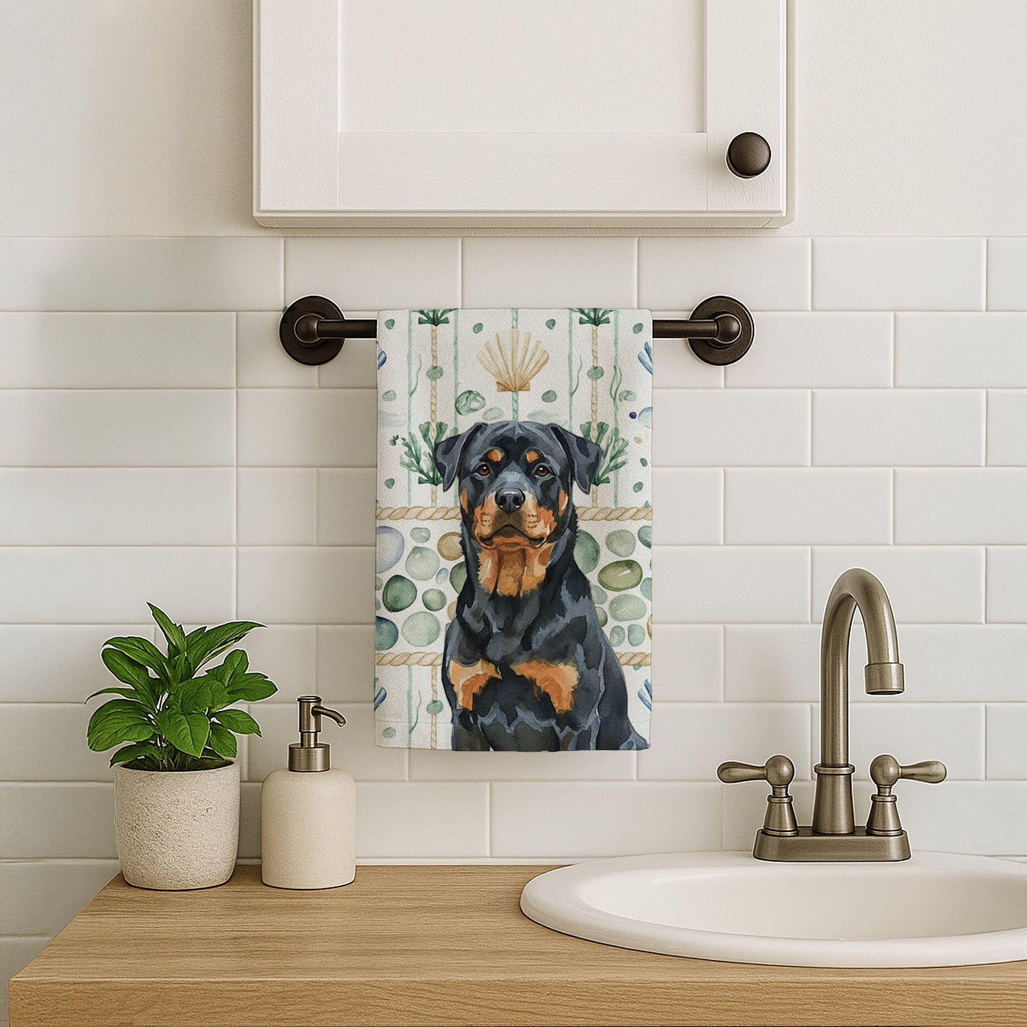Rottweiler Coastal Sea Glass Kitchen Towel Velour Plush Front and Cotton Loop Back Machine Washable