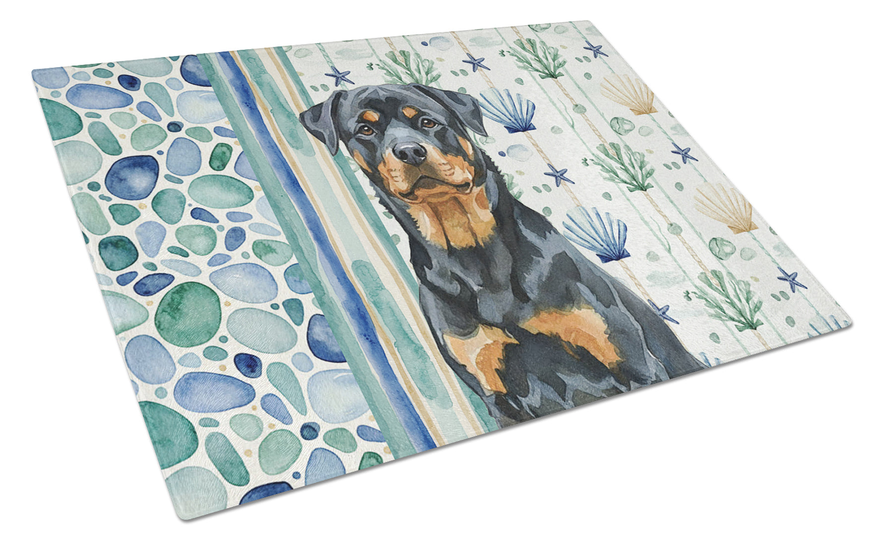 Rottweiler Coastal Sea Glass Cutting Board Tempered Glass Kitchen Cutting Surface, Heat Resistant Chopping, Non-Slip Feet, Food Prep & Serving