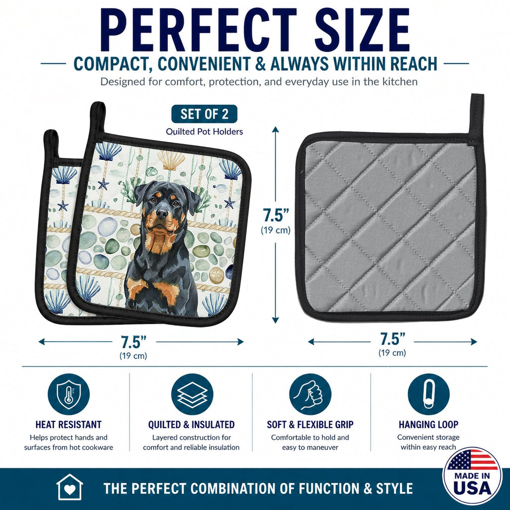 Rottweiler Coastal Sea Glass Pot Holder Set of 2 Heat Resistant Quilted Hot Pads 7.5 x 7.5 Inch, Insulated Kitchen Trivets for Cooking & Baking
