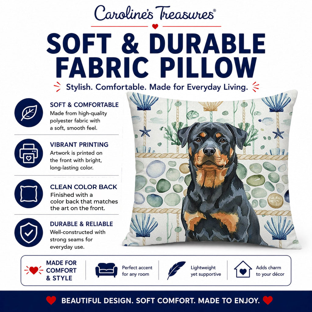Rottweiler Coastal Sea Glass Decorative Throw Pillow 14x14 Indoor Outdoor Accent Cushion, Fabric Cover with Insert for Sofa, Bed, Porch & Living Room
