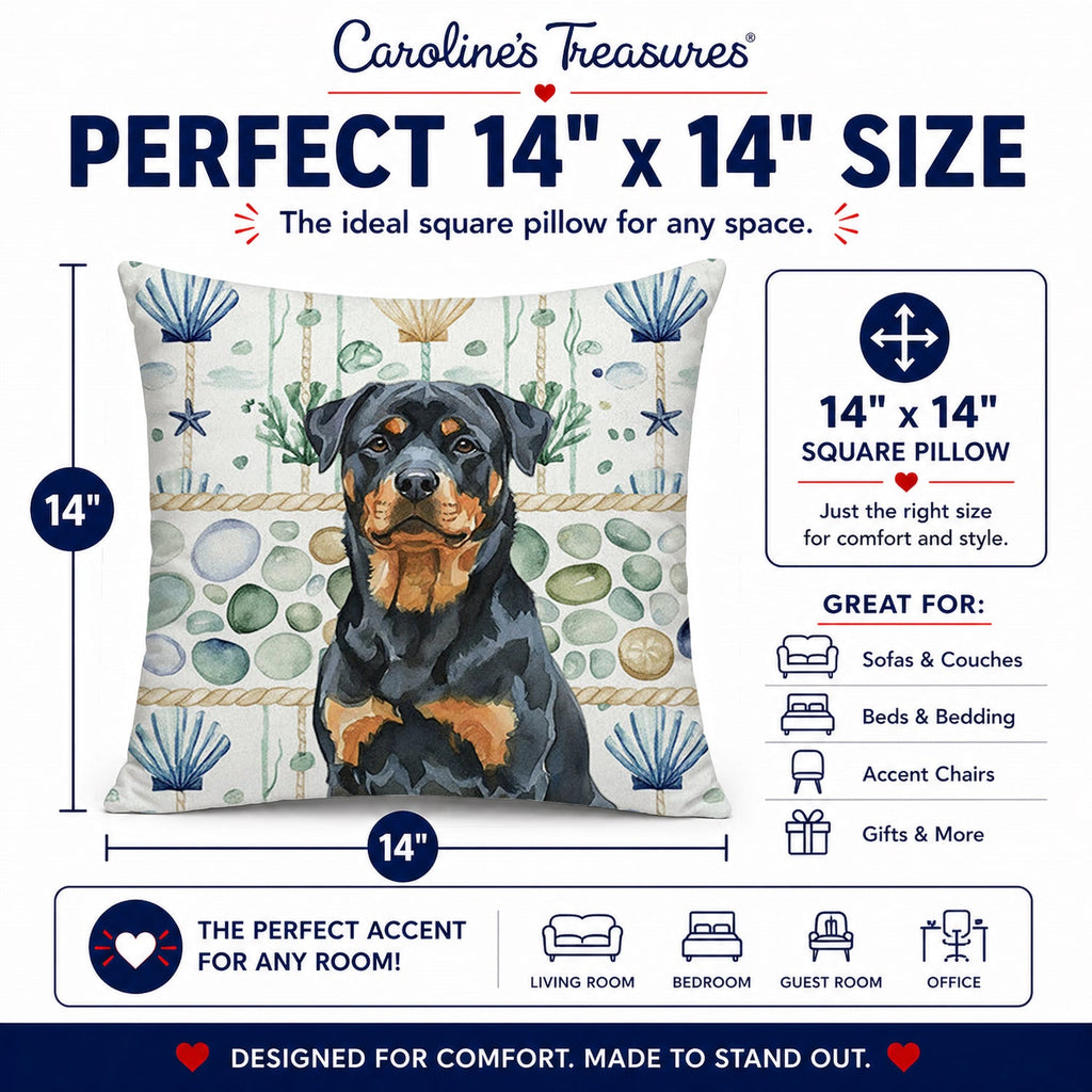 Rottweiler Coastal Sea Glass Decorative Throw Pillow 14x14 Indoor Outdoor Accent Cushion, Fabric Cover with Insert for Sofa, Bed, Porch & Living Room