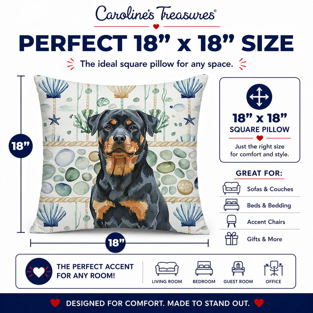 Rottweiler Coastal Sea Glass Decorative Throw Pillow 18x18 Indoor Outdoor Accent Cushion, Fabric Cover with Insert for Sofa, Bed, Porch & Living Room